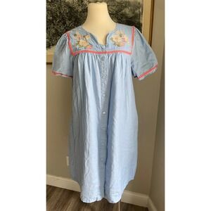 Go Softly Patio Womens Blue Cotton Floral Embroidered Button Front House Dress M